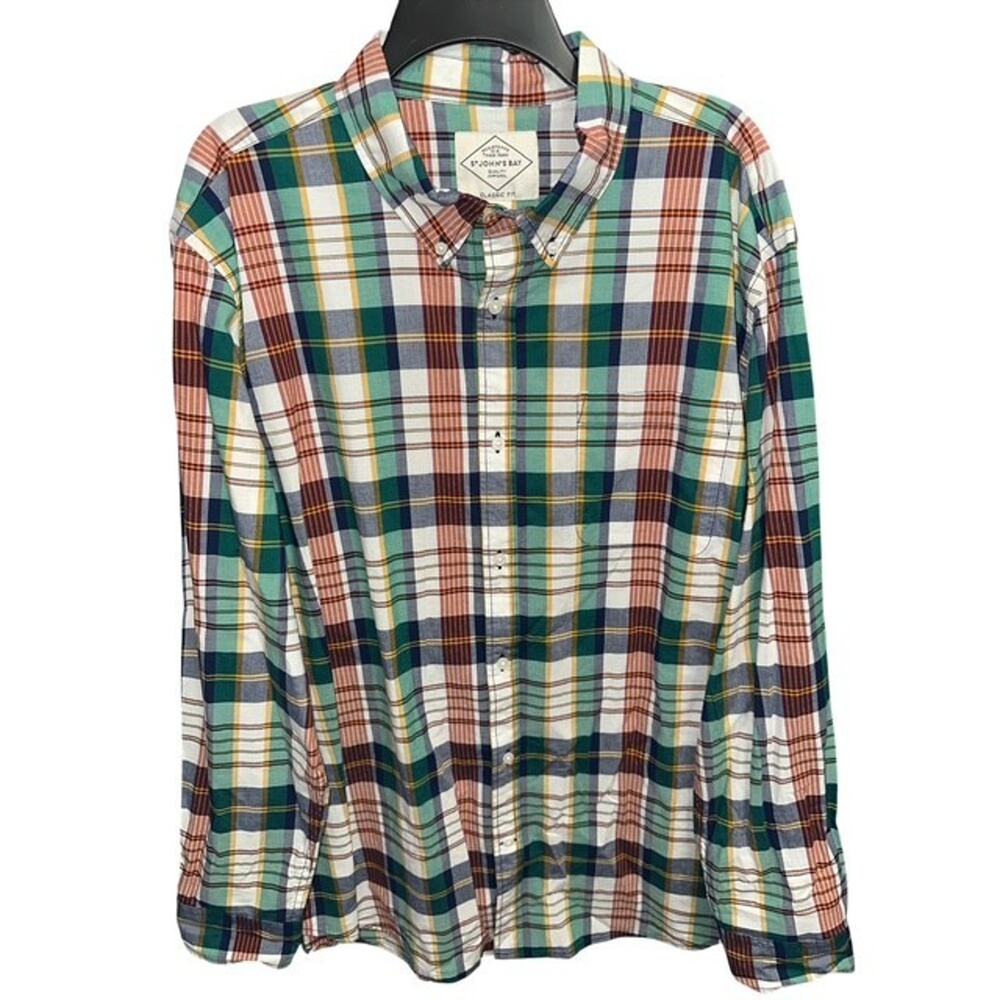 St Johns Bay XL Shirt Autumn Green Plaid Comfort Classic Fit Pocket Long Sleeves
